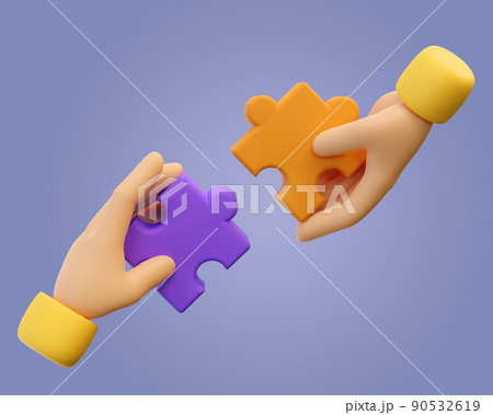 3d human hands with jigsaw puzzle pieces. Concept of business problems, partnership, development, cooperation and teamwork. 3d high quality render on purple background. 3d human hands with jigsaw puzzle pieces. Concept of business problems, partnership, development, cooperation and teamwork. 3d high quality render on purple background. 90532619