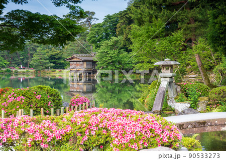 緑が美しい晴れの兼六園の霞ヶ池とことじ灯篭|石川県金沢市 緑が美しい晴れの兼六園の霞ヶ池とことじ灯篭|石川県金沢市 90533273