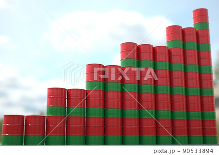 Steel oil drums with flag of Belarus form increasing chart or upwards trend. Petrochemical industry growth concept, 3D rendering  90533894