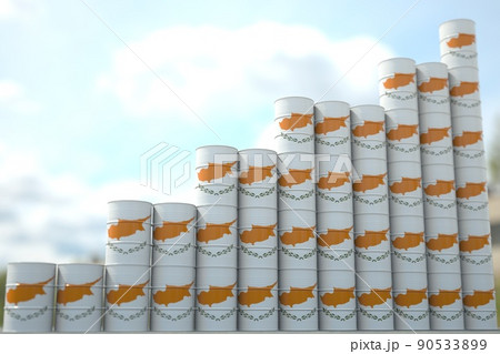 Barrels with flag of Cyprus form rising chart or upwards trend. Oil industry success concept, 3D rendering Barrels with flag of Cyprus form rising chart or upwards trend. Oil industry success concept, 3D rendering 90533899