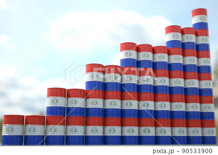 Stacks of steel drums with flag of Paraguay form increasing chart or upwards trend. Petroleum industry success concept, 3D rendering Stacks of steel drums with flag of Paraguay form increasing chart or upwards trend. Petroleum industry success concept, 3D rendering 90533900