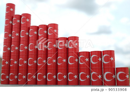 Flag of Turkey on oil barrels forming downward trend. Petrochemical industry crisis or sanctions concept, 3D rendering 90533908