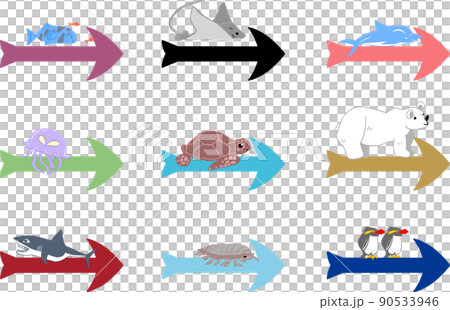 Set of animals and arrows Popular people in the aquarium 02 / Polar bear / Sea turtle / Penguins / Dolphin / Jellyfish etc. 90533946