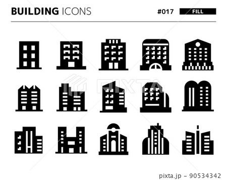 ビルに関連する塗りつぶしスタイルのアイコンセット_017 90534342