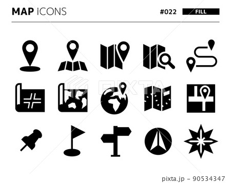 地図に関連する塗りつぶしスタイルのアイコンセット_022 90534347