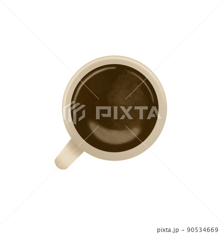 マグカップに入った温かいホットコーヒーのリアルタッチイラスト 真上からのアングル 俯瞰のイラスト素材