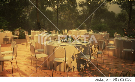 Street cafe with empty tables and chairs 90535816