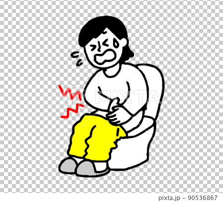 A woman in plain clothes with abdominal pain sitting on the toilet seat (simple) 90536867