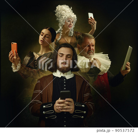 Collage with medieval people as royalty persons in vintage clothing on dark background. Concept of comparison of eras, modernity and renaissance, baroque style. 90537572