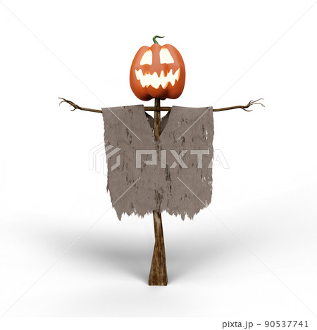 Halloween Scarecrow Cross with Cloak with Funny Pumpkin as Head. 3D Illustration. File with Clipping Path. 90537741