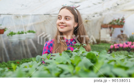 happy teen girl florist planting pot plants in greenhouse, agriculture happy teen girl florist planting pot plants in greenhouse, agriculture 90538051