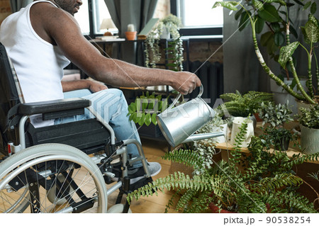 Close-up of African young man with disability sitting in wheelchair and watering house plants from watering can in the room 90538254