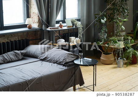 Horizontal image of empty bed with house plants in background in modern bedroom Horizontal image of empty bed with house plants in background in modern bedroom 90538287