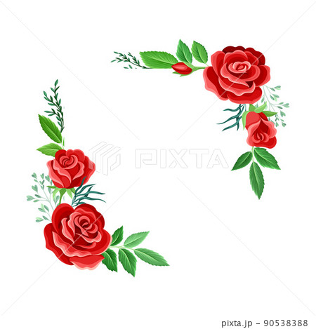 Corner Rose Frame with Red Lush Bud and Green Leaves Arranged in Shape Vector Illustration Corner Rose Frame with Red Lush Bud and Green Leaves Arranged in Shape Vector Illustration 90538388