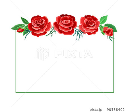 Rectangular Rose Frame with Red Lush Bud and Green Leaves Arranged in Shape with Border Vector Illustration Rectangular Rose Frame with Red Lush Bud and Green Leaves Arranged in Shape with Border Vector Illustration 90538402