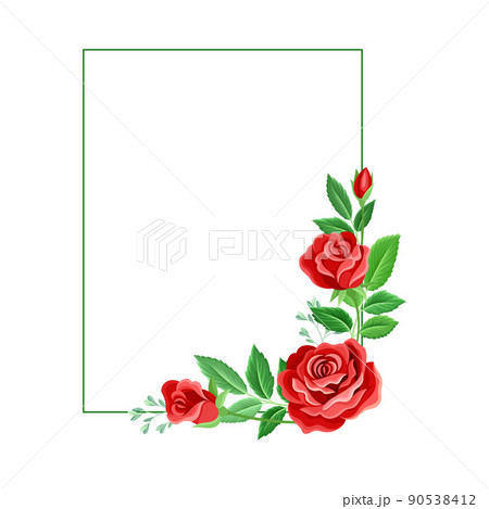 Rectangular Rose Frame with Red Lush Bud and Green Leaves Arranged in Shape with Border Vector Illustration 90538412