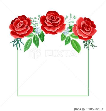 Square Rose Frame with Red Lush Bud and Green Leaves Arranged in Shape with Border Vector Illustration Square Rose Frame with Red Lush Bud and Green Leaves Arranged in Shape with Border Vector Illustration 90538484