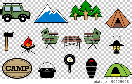 キャンプとキャンプギアのカラーイラスト 90539668