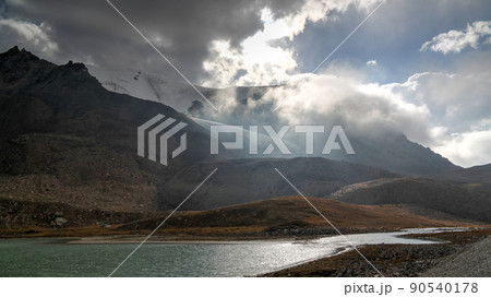 Panoramic view to lakes at Barskoon pass, river and gorge and Sarymoynak pass, Jeti-Oguz, Kyrgyzstan Panoramic view to lakes at Barskoon pass, river and gorge and Sarymoynak pass, Jeti-Oguz, Kyrgyzstan 90540178