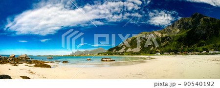 Panorama view to Jusnesvika bay and Rambergstranda beach, Flakst 90540192