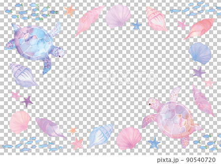 ウミガメと貝殻の水彩タッチのフレーム 90540720