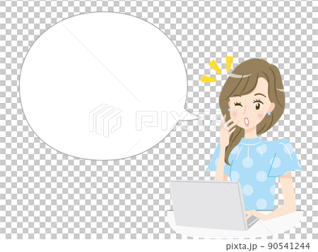 與一位年輕女子的對話泡泡，她驚訝地看到個人電腦的屏幕 90541244