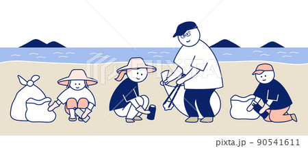 海辺でゴミ拾いをする家族 90541611