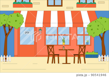 The building of the summer cafe with outdoor tables and chairs. Vector concept of a summer cafe. Flat vector illustration. The building of the summer cafe with outdoor tables and chairs. Vector concept of a summer cafe. Flat vector illustration. 90541946