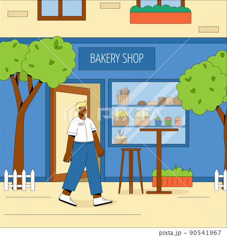 The building of the city bakery with outdoor tables and chairs. Friendly man relax in the fresh air. Vector concept of a summer cafe. Flat vector illustration. 90541967
