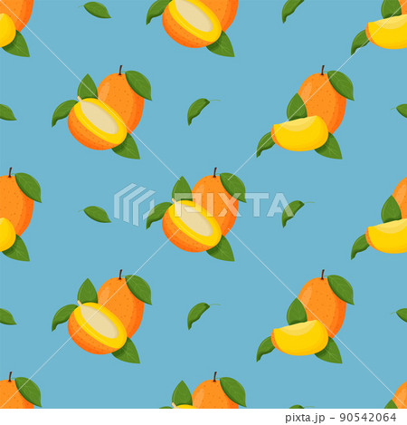 Mango with green leaves seamless pattern. Flat vector illustration 90542064