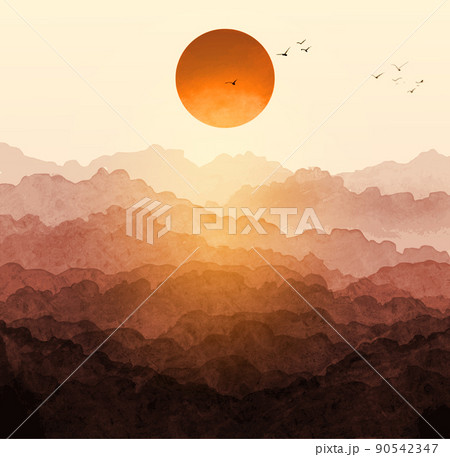 Sunrise landscape with forest mountains and big red sun. Traditional oriental ink painting sumi-e, u-sin, go-hua. 90542347