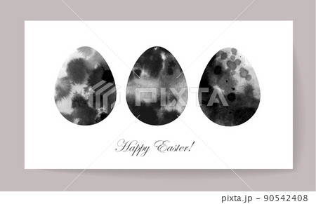 Easter greeting card with three ink wash painted easter egg 90542408