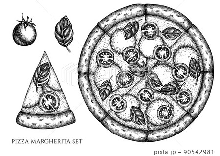 Pizza vintage vector illustrations collection. Black and white pizza margherita. Pizza vintage vector illustrations collection. Black and white pizza margherita. 90542981
