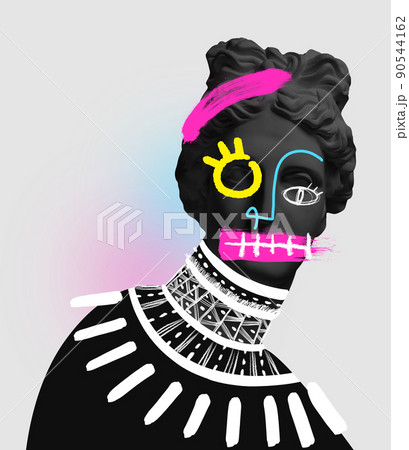 Contemporary art collage with antique black colored statue bust with neon drawings. Surreal style. New fashion 90544162
