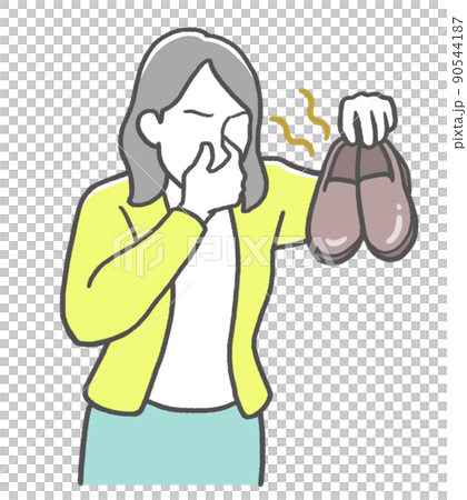 鼻をつまんで靴の臭いを嗅ぐ日本人女性 90544187