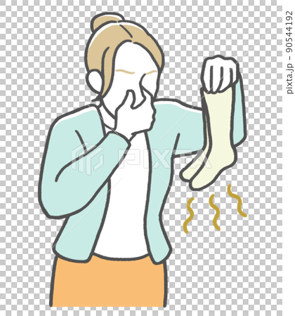 Western woman pinching her nose and smelling socks Western woman pinching her nose and smelling socks 90544192