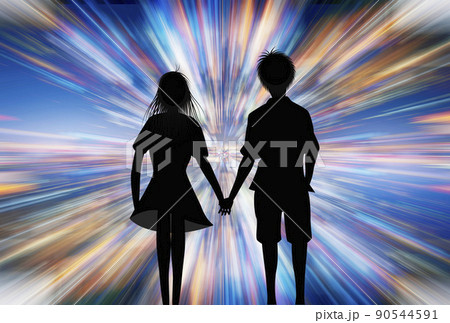 若いカップルが手をつないでいる後ろ姿のシルエット 新たなる旅立ち 結婚のイメージ のイラスト素材