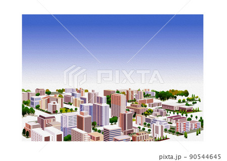 油彩風のエンボス。美しい街並みと暮らしの風景。人々が明るく暮らせる自然と住宅が溶け込む街づくり。 90544645
