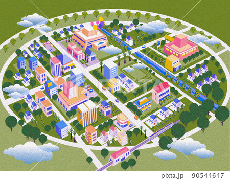 油彩風のエンボス。美しい街並みと暮らしの風景。人々が明るく暮らせる自然と住宅が溶け込む街づくり。 90544647