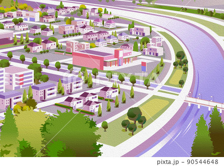 油彩風のエンボス。美しい街並みと暮らしの風景。人々が明るく暮らせる自然と住宅が溶け込む街づくり。 90544648