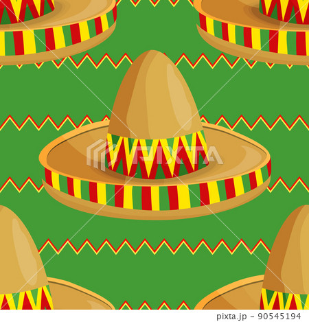 Seamless pattern with ethnic sombrero hat on color background. Vector drawing illustration for packaging, fabric, textile. Wild west, Mexico concept. Traditional Mexican wide brimmed hat 90545194