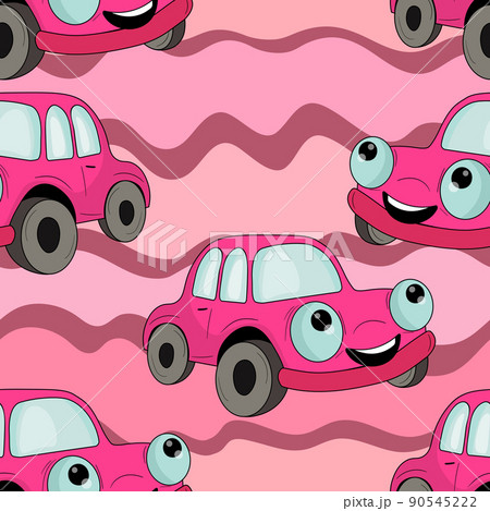 Seamless pattern with cute car on color background. Cartoot transport. Vector illustration. Doodle style. Design for baby print, invitation, poster, card, fabric, textile 90545222