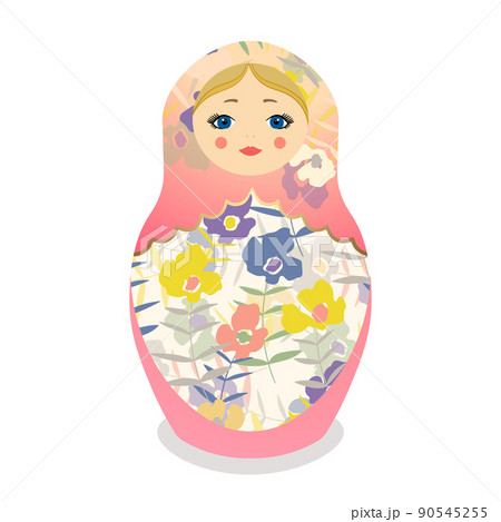 Russian Matryoshka. Traditional Russian folklore dolls with big eyes and lips. Babushka doll with hohloma, traditional painted floral pattern. Hand drawn vector illustration 90545255