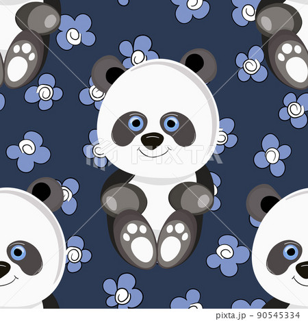Seamless pattern with cute panda baby on color floral background. Funny asian animals. Card, postcards for kids. Flat vector illustration for fabric, textile, wallpaper, poster, gift wrapping paper Seamless pattern with cute panda baby on color floral background. Funny asian animals. Card, postcards for kids. Flat vector illustration for fabric, textile, wallpaper, poster, gift wrapping paper 90545334