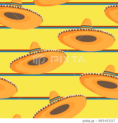 Seamless pattern with ethnic sombrero hat on color background. Vector drawing illustration for packaging, fabric, textile. Wild west, Mexico concept. Traditional Mexican wide brimmed hat Seamless pattern with ethnic sombrero hat on color background. Vector drawing illustration for packaging, fabric, textile. Wild west, Mexico concept. Traditional Mexican wide brimmed hat 90545337