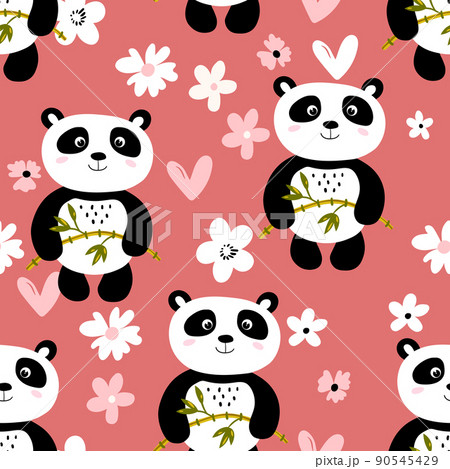 Seamless pattern with cute panda baby on color background. Funny asian animals. Card, postcards for kids. Flat vector illustration for fabric, textile, wallpaper, poster, gift wrapping paper 90545429