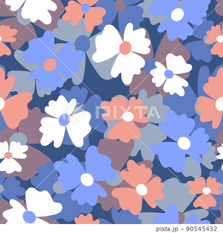Seamless floral pattern based on traditional folk art ornaments. Colorful flowers on color background. Scandinavian style. Sweden nordic style. Vector illustration. Simple minimalistic pattern 90545432