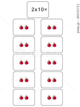 Multiplication table of 2. Maths card with an example, drawing. Multiplication Square, vector illustration. Printed product, banner, table for children, schoolchildren. School education, logical task 90545751