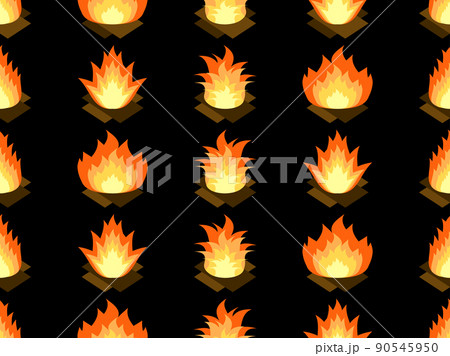 Fire seamless pattern. Flame in a flat style on a black background. Fire icons. Design for print, banners and wrapping paper. Vector illustration 90545950