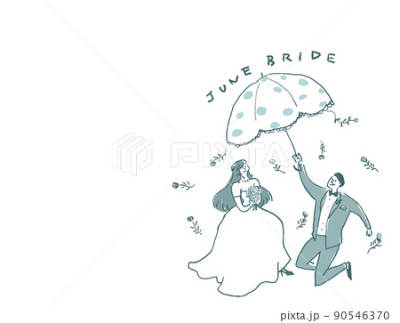 傘をさした新郎新婦、ウエディング、結婚式、文字あり(横、右配置) 傘をさした新郎新婦、ウエディング、結婚式、文字あり(横、右配置) 90546370